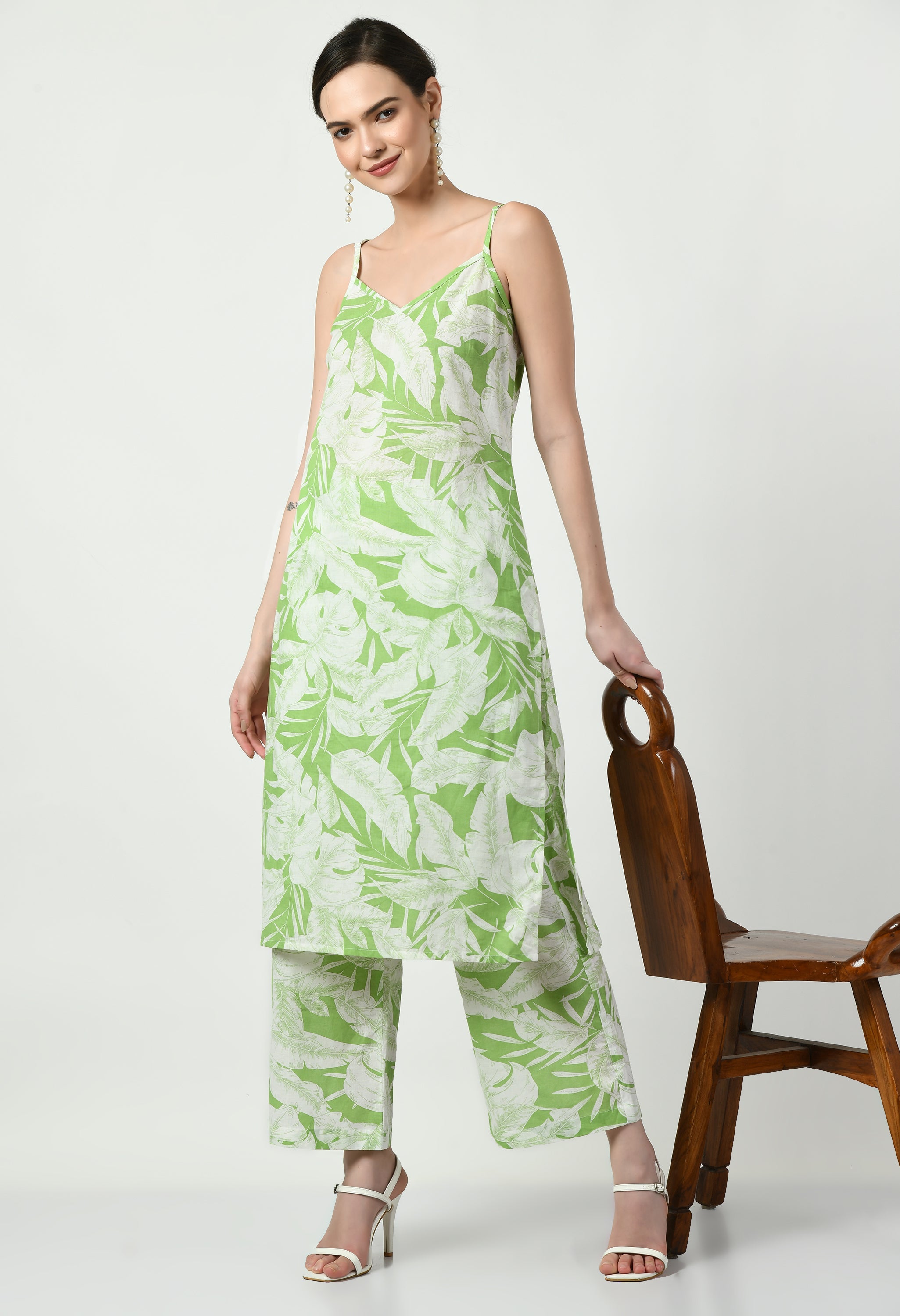 Green and White Straight Kurta | Straight Kurta set for women