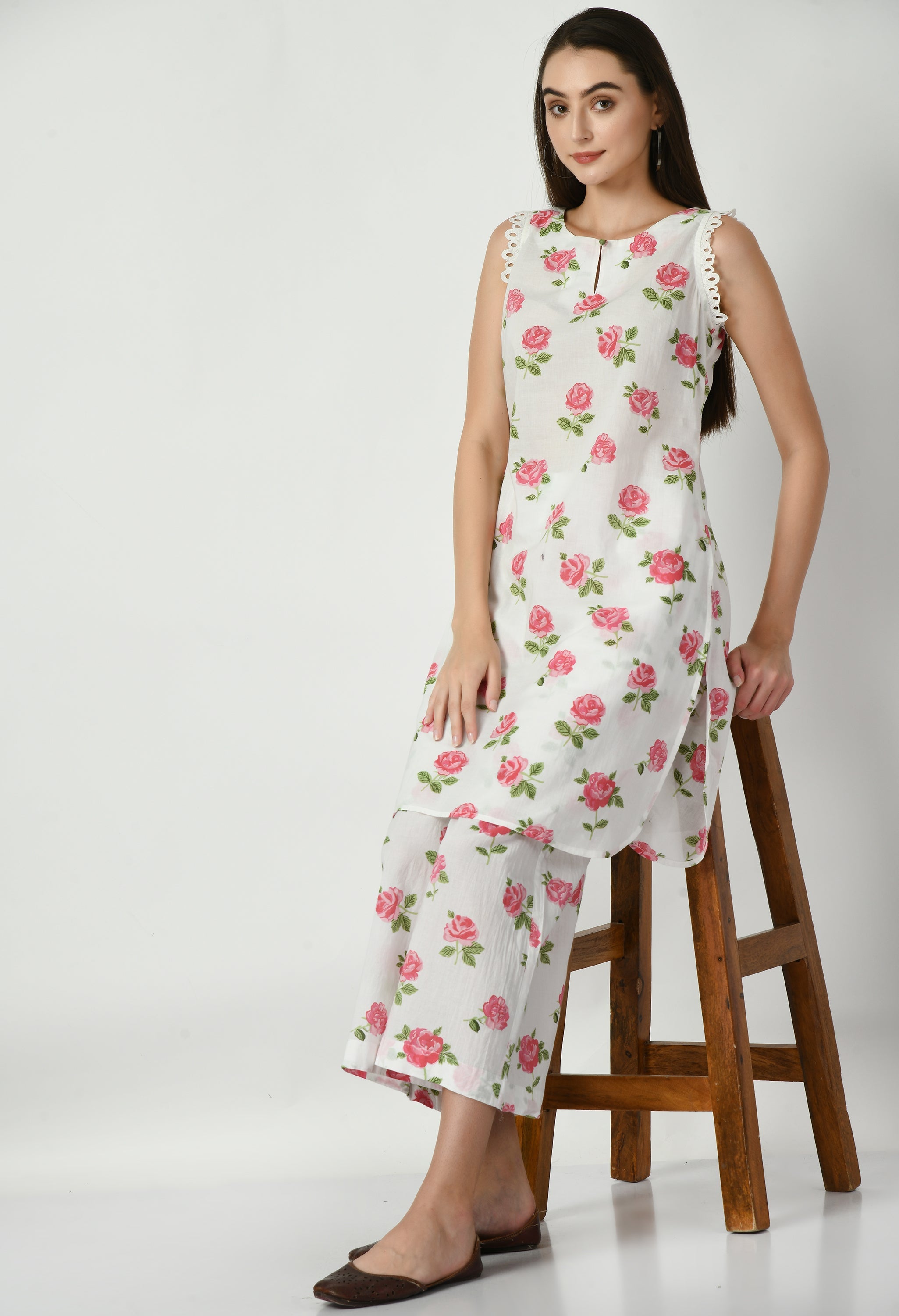 Red Rose Cotton Kurta Set | Red Rose Kurta Set