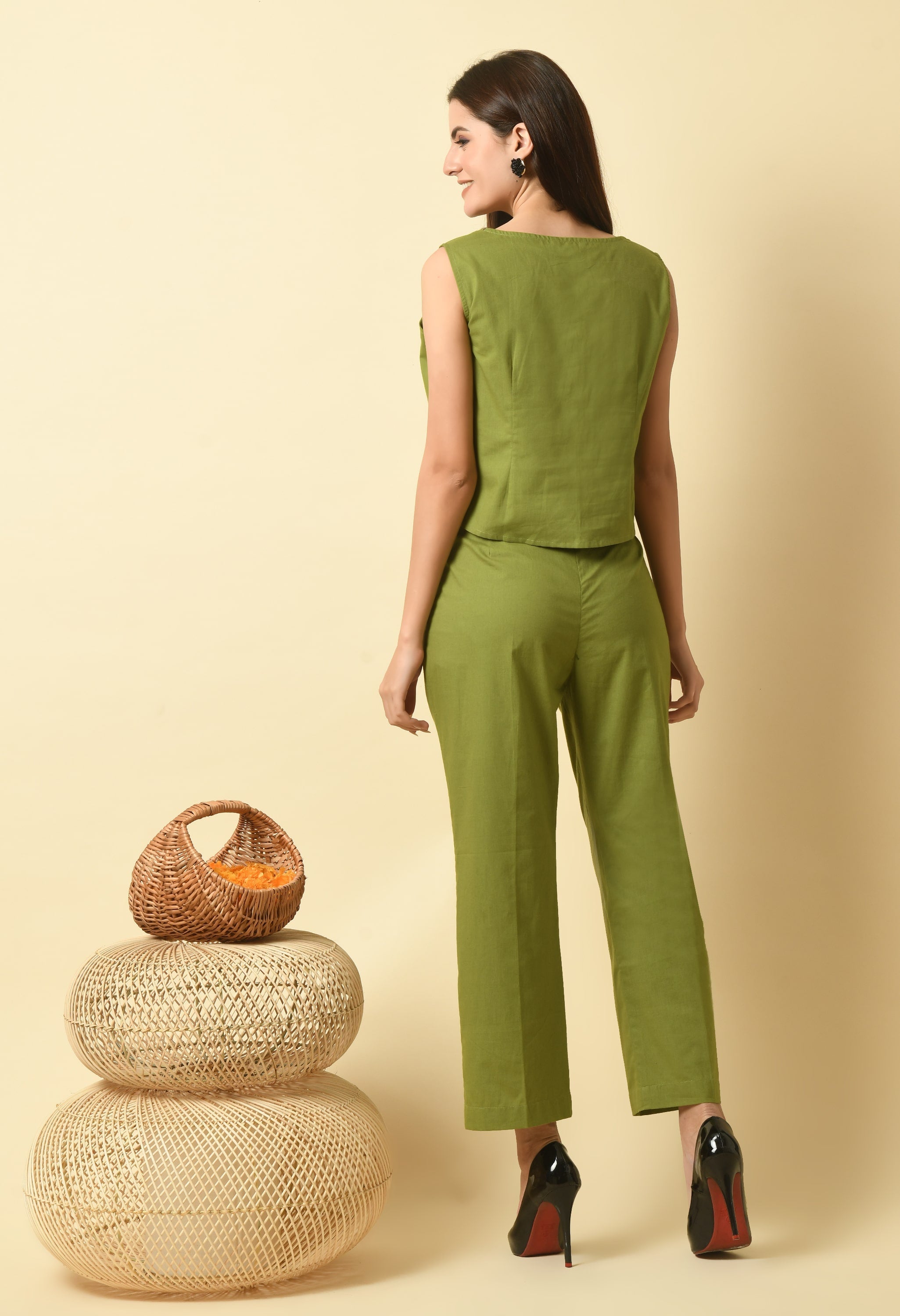 Heena Cotton Vest Co Ord Set | Green Cotton Vest Co Ord Set