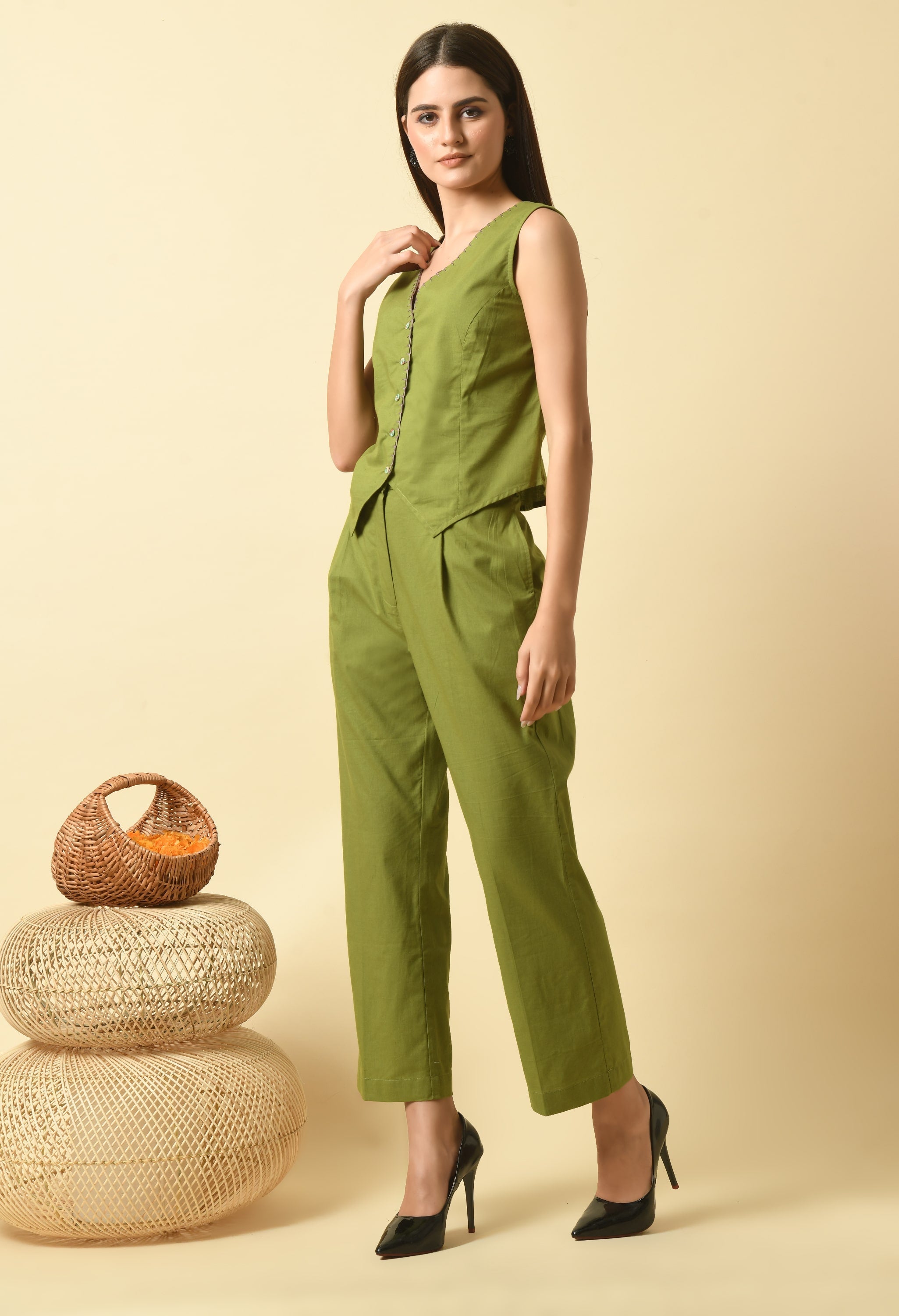 Heena Cotton Vest Co Ord Set | Green Cotton Vest Co Ord Set