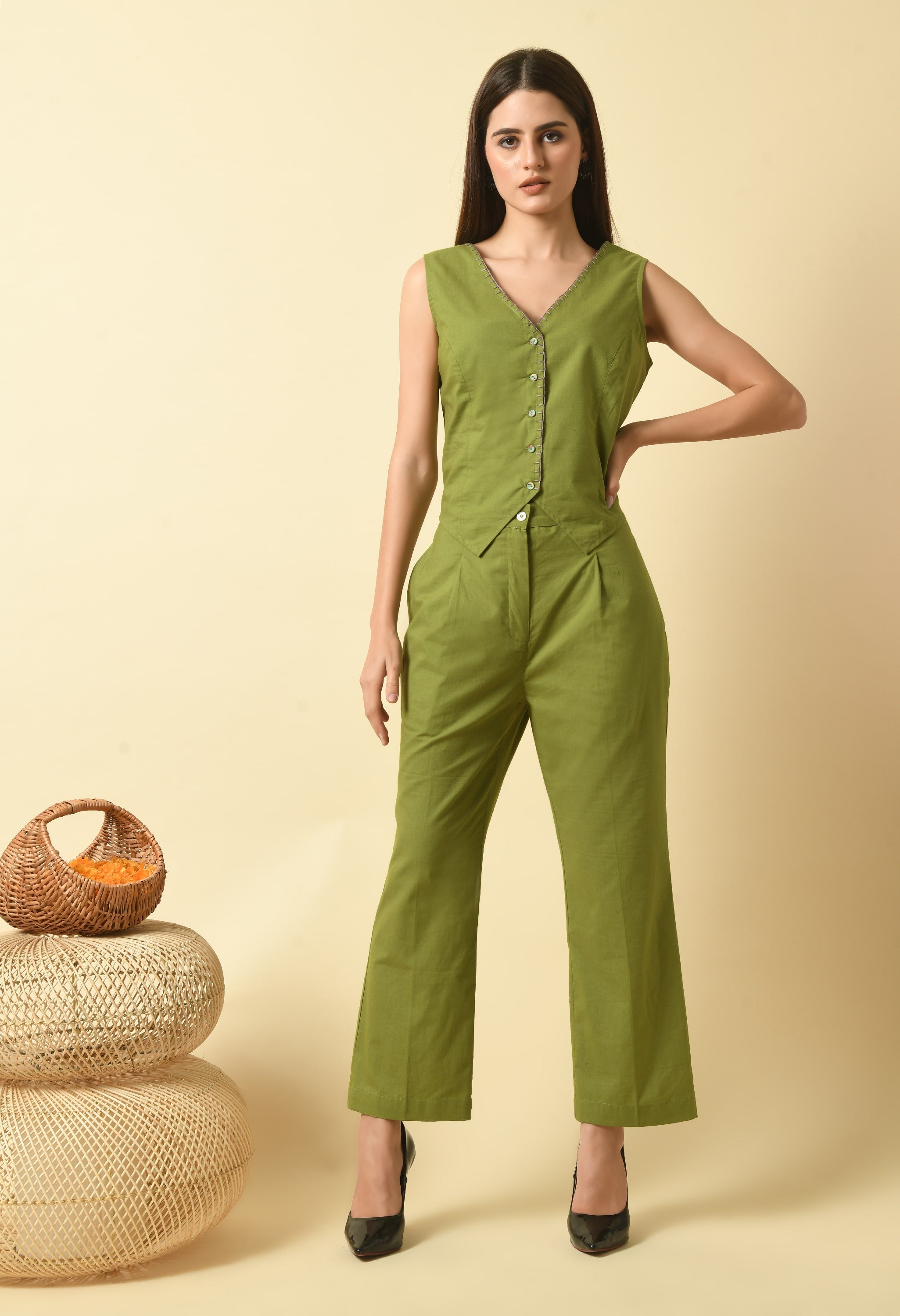 Heena Cotton Vest Co Ord Set | Green Cotton Vest Co Ord Set