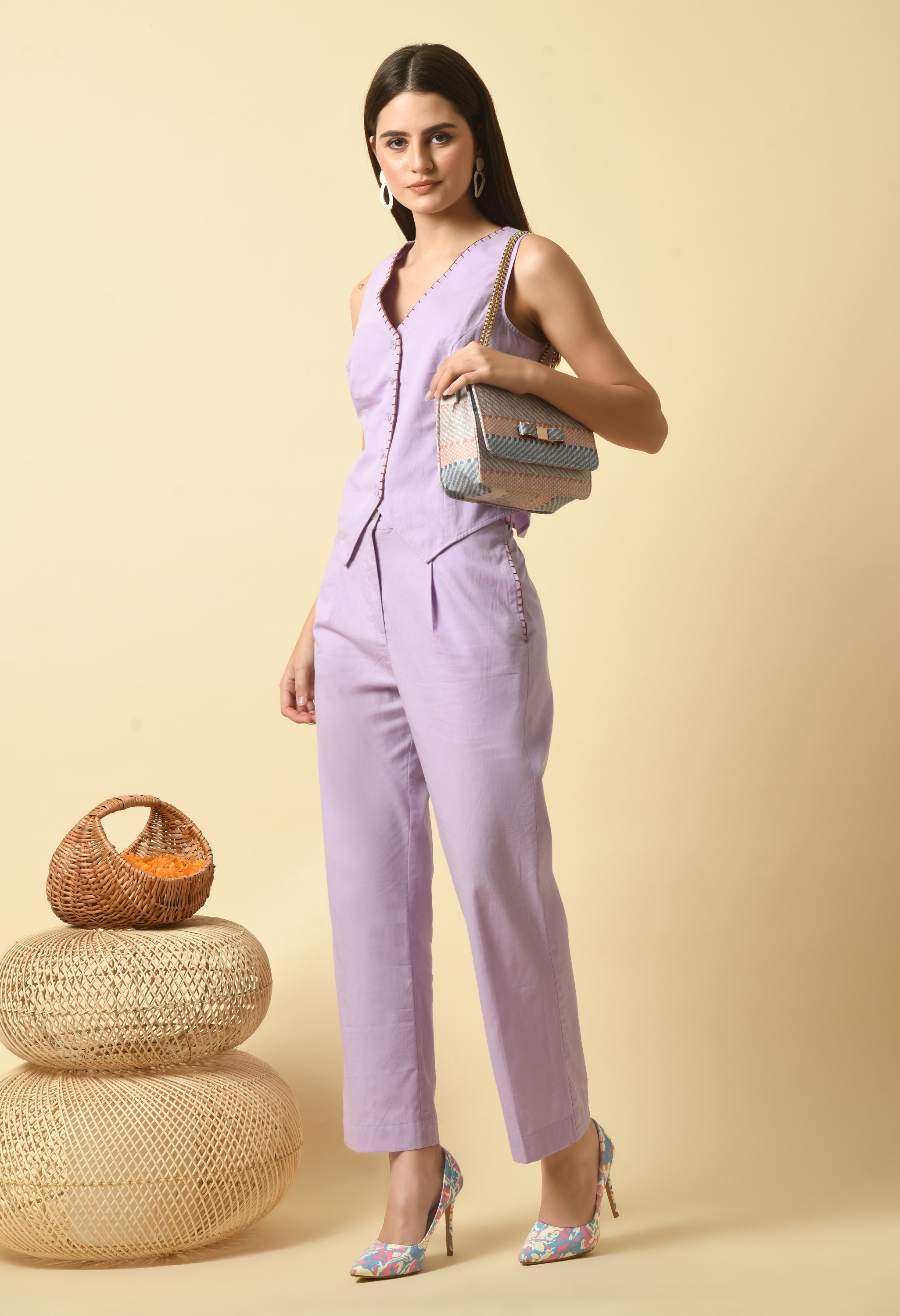 Lavender Cotton Vest Co-Ord Set | Lounge Coord Sets for Women