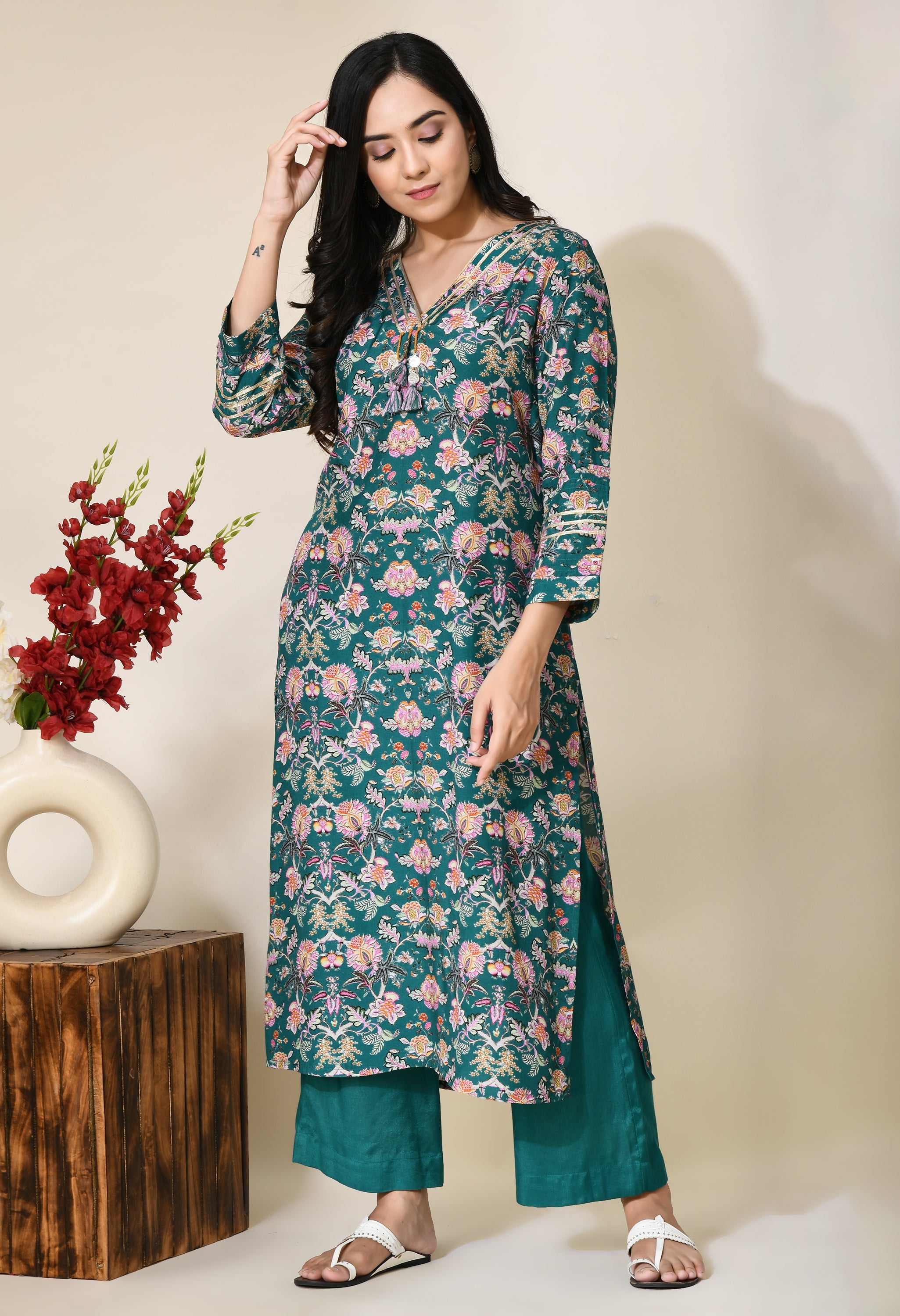Forest Green Cotton Kurta Set | Green Cotton Kurta Set for women