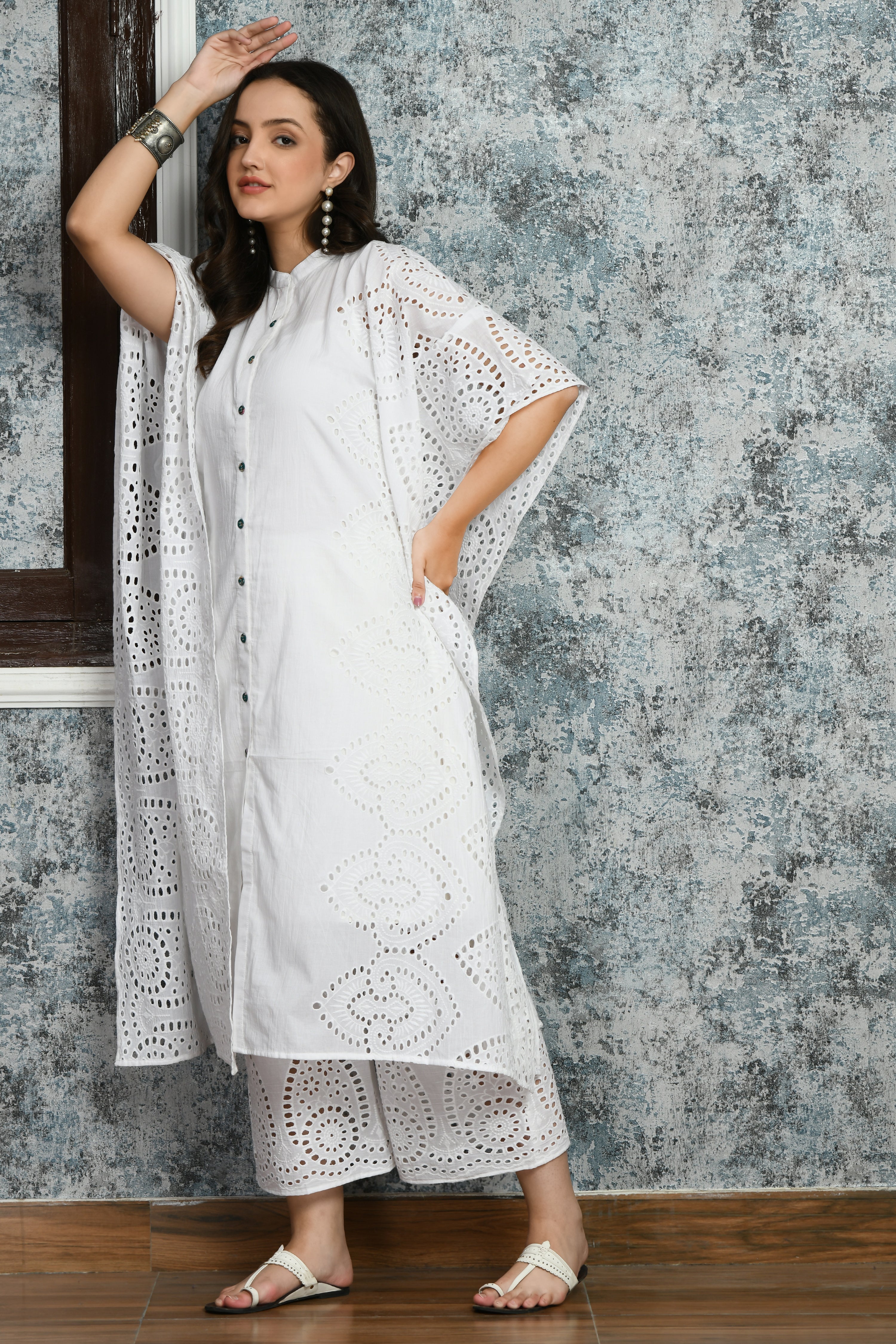 Milky White Kaftan Set | Kaftan Kurti Set For Women