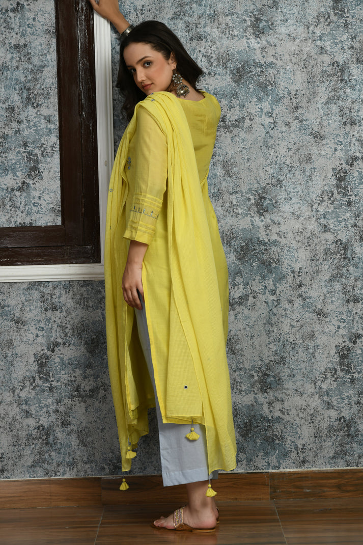 Calvim Supima Cotton Yellow Kurta Set