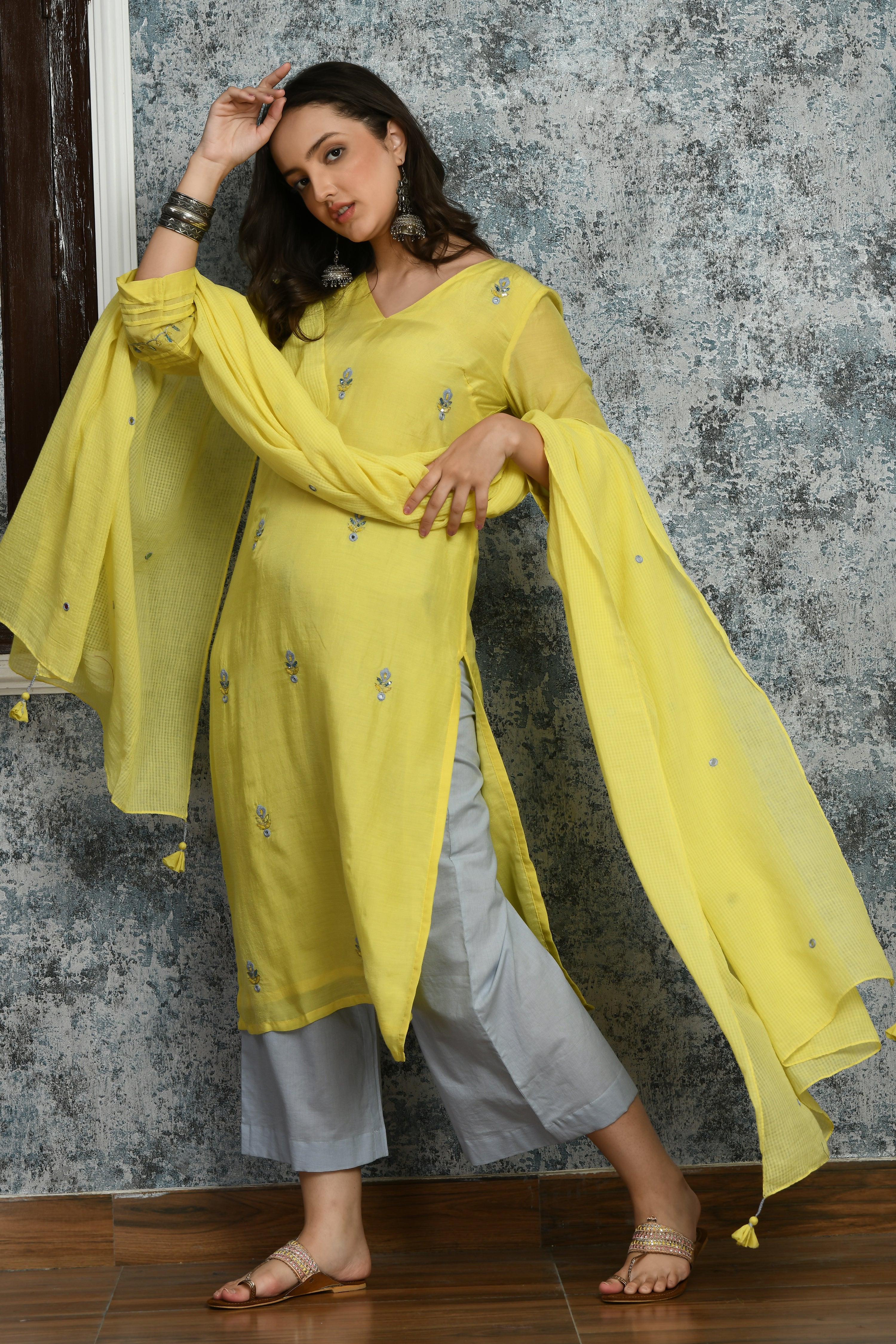 Lime Yellow Embroidery Kurta Set | Lime Yellow Kurta Set For Women