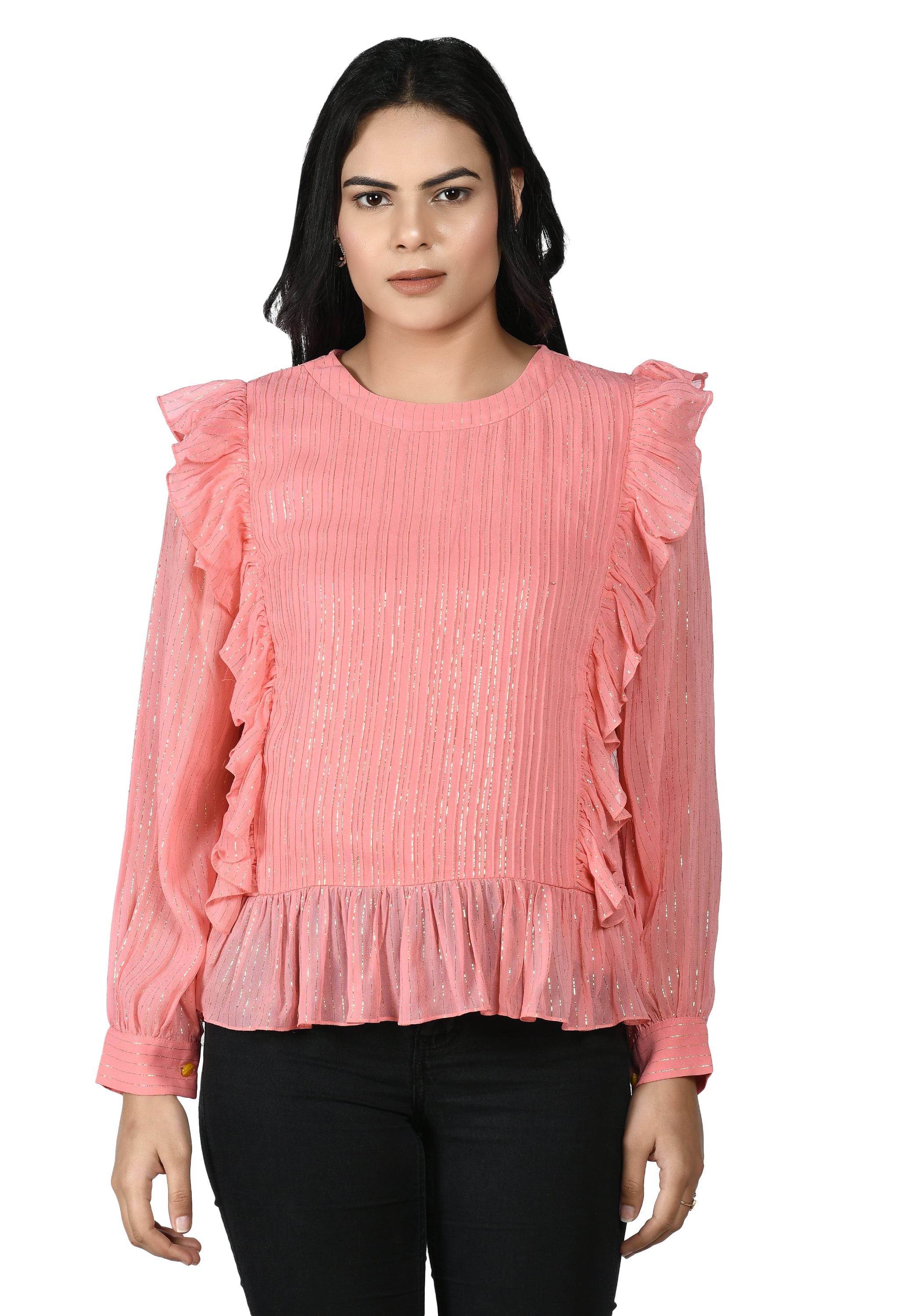 Peach Pintuck Lurex Top | Pink Lurex Top for Women
