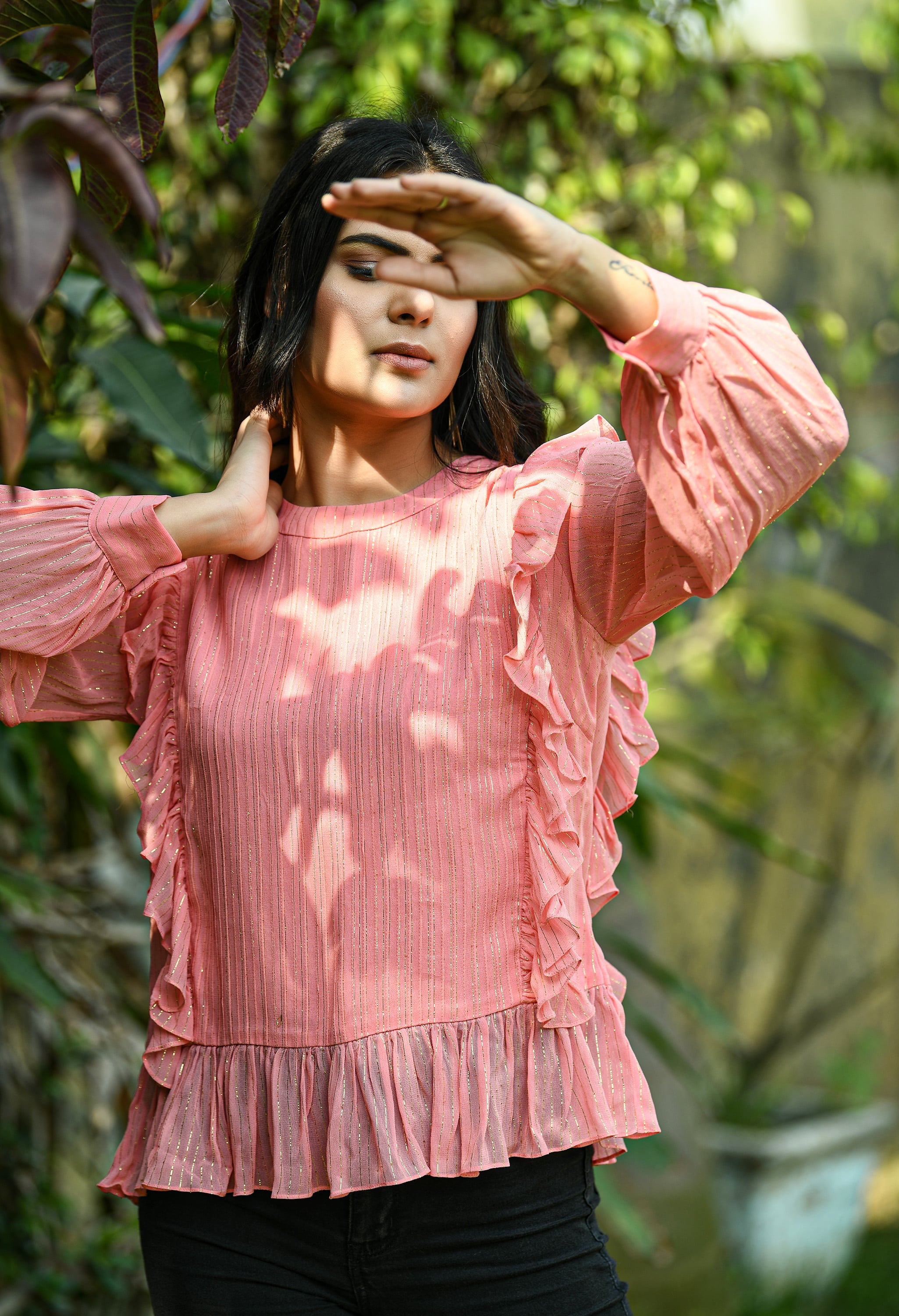 Peach Pintuck Lurex Top | Pink Lurex Top for Women