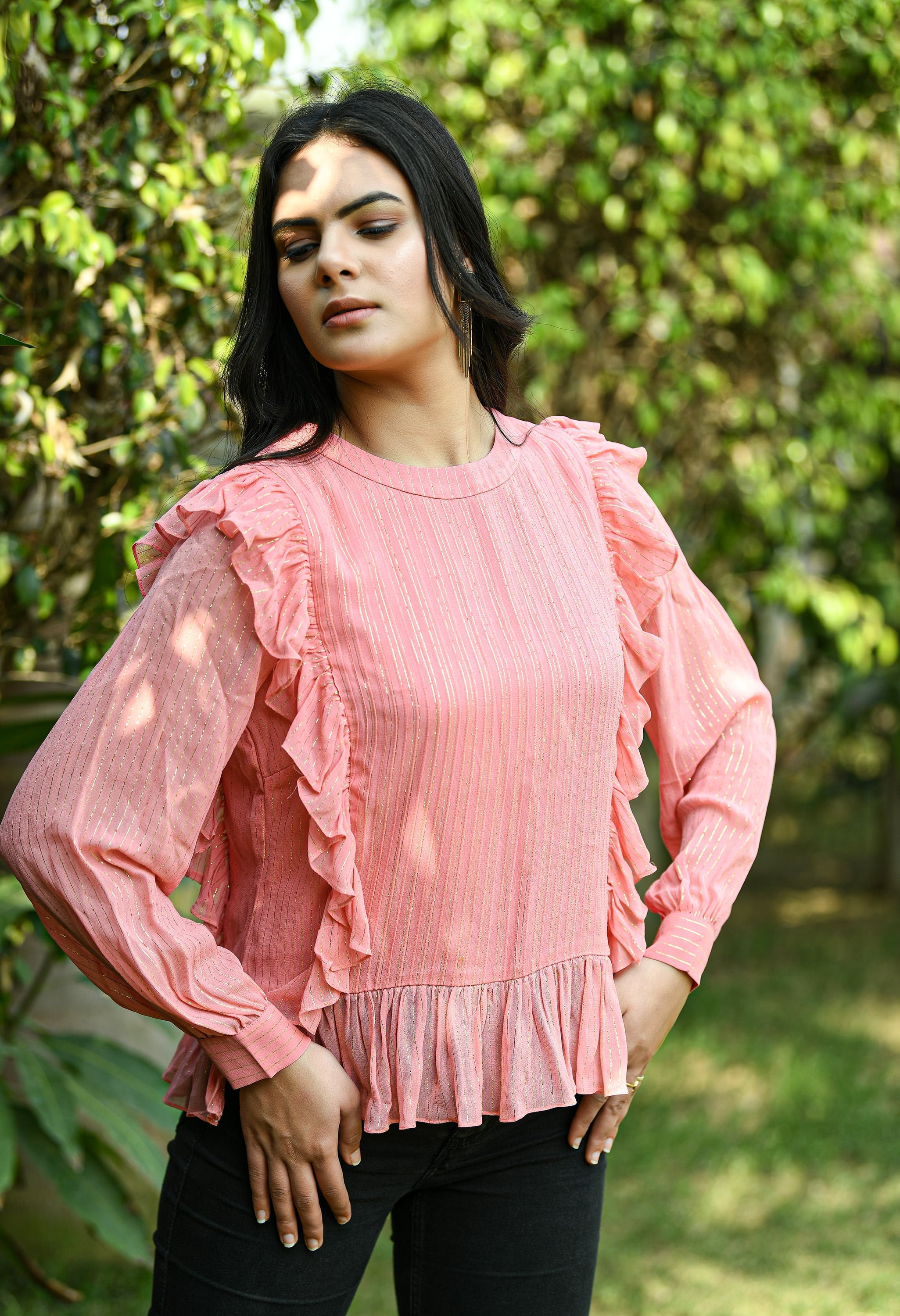 Peach Pintuck Lurex Top | Pink Lurex Top for Women